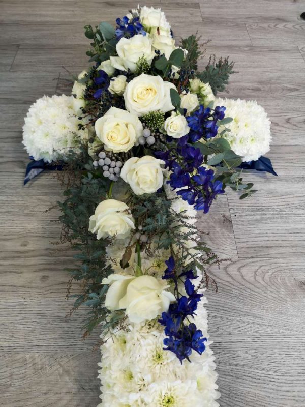 Based Large Cross with Spray Funeral Flowers