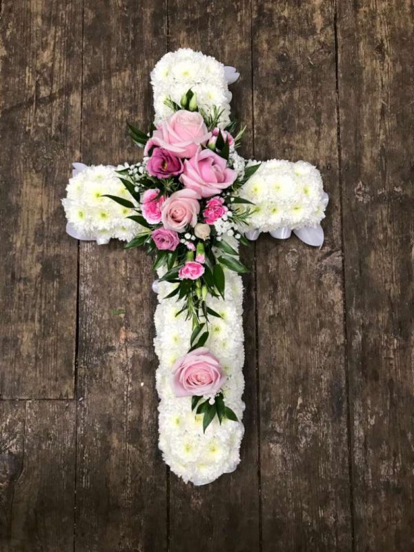 Based Cross with Spray Funeral Flowers